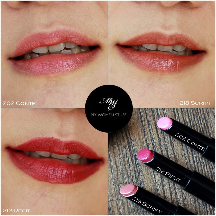 chanel rouge coco stylo lipstick swatches - conte, script, recit