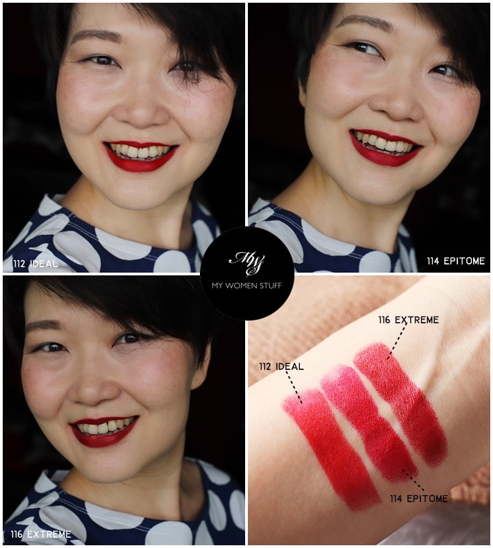 chanel rouge allure velvet extreme - 112 ideal 114 epitome 116 extreme swatch